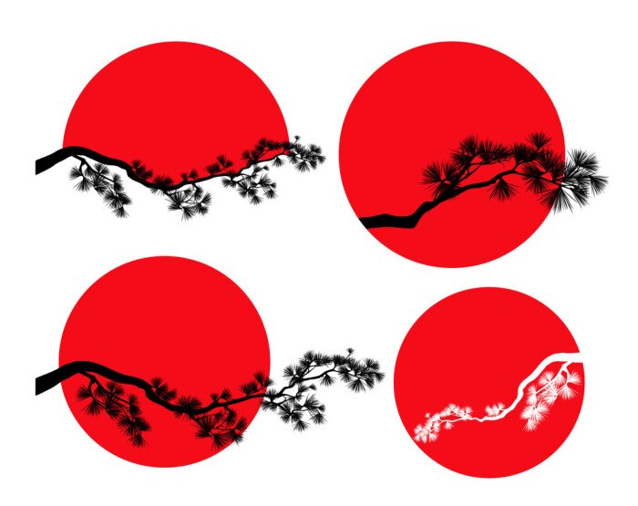 Sticker Long pine tree branches against red sun disk - traditional japanese nature vector silhouette design