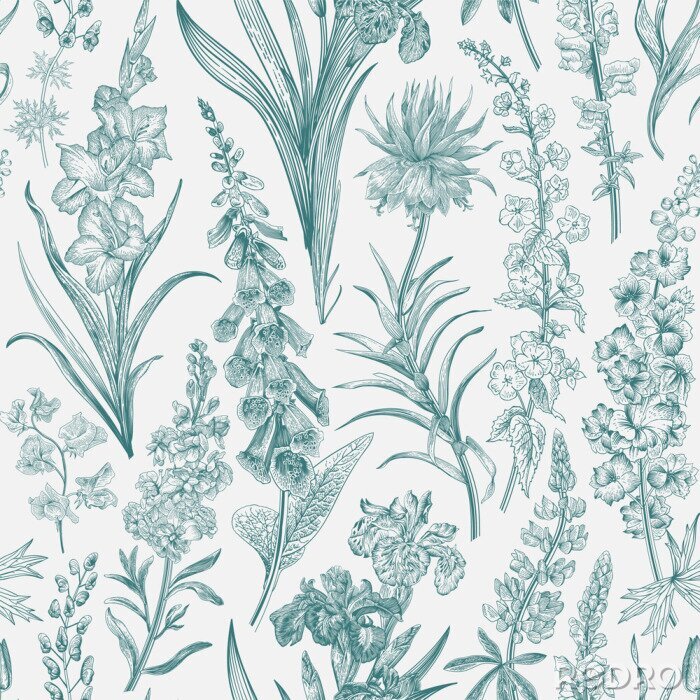 Sticker Lovely Garden. Vintage seamless pattern. Spring and summer garden flowers. Emerald and white. Toile de Jouy. ..