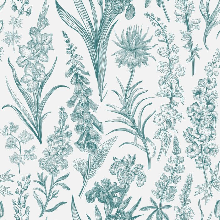 Sticker Lovely Garden. Vintage seamless pattern. Spring and summer garden flowers. Emerald and white. Toile de Jouy. ..