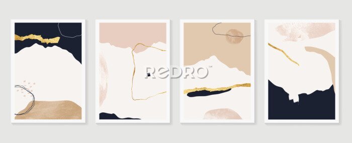 Sticker Luxury Gold Mountain wall art vector set. Earth tones landscapes backgrounds set with moon and sun.  Abstract Plant Art design for print, cover, wallpaper, Minimal and  natural wall art. 