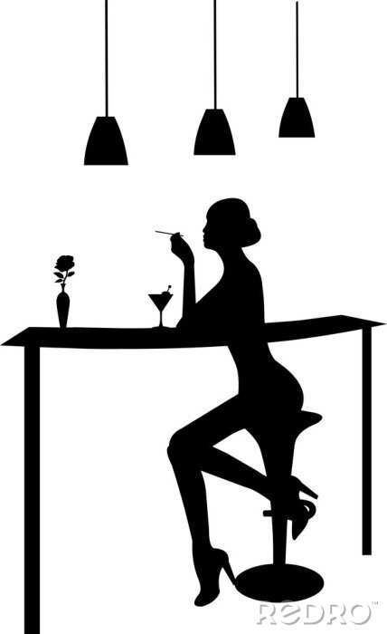 Sticker Meisje drinkt martini en het roken van een sigaret in een bar