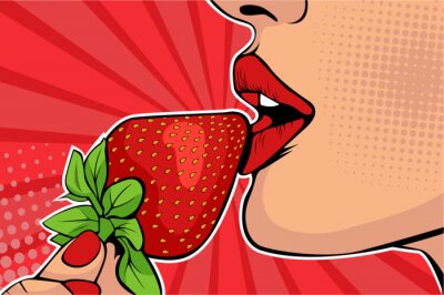 Sticker Meisjeslippen met aardbei. Vrouw die gezond voedsel eet. Erotische fantasie. Vectorillustratie in pop-art retro komische stijl.