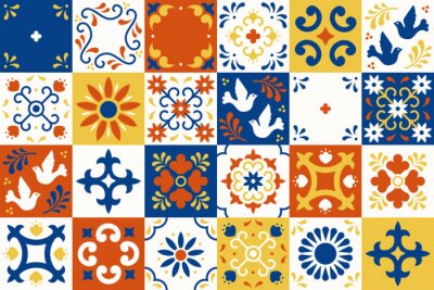Sticker Mexican talavera pattern. Ceramic tiles with flower, leaves and bird ornaments in traditional majolica style from Puebla. Mexico floral mosaic in classic blue and white. Folk art design.