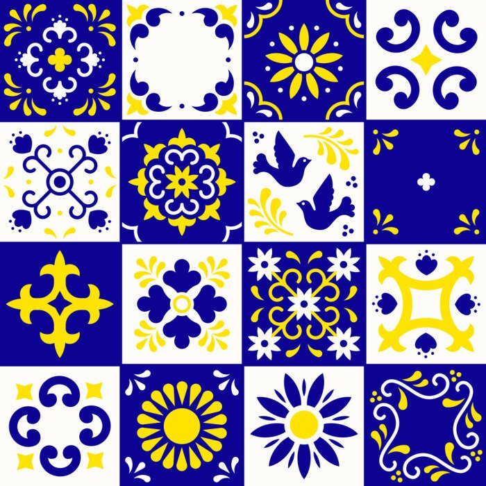 Sticker Mexican talavera pattern. Ceramic tiles with flower, leaves and bird ornaments in traditional style from Puebla. Mexico floral mosaic in blue, yellow and white. Folk art design.