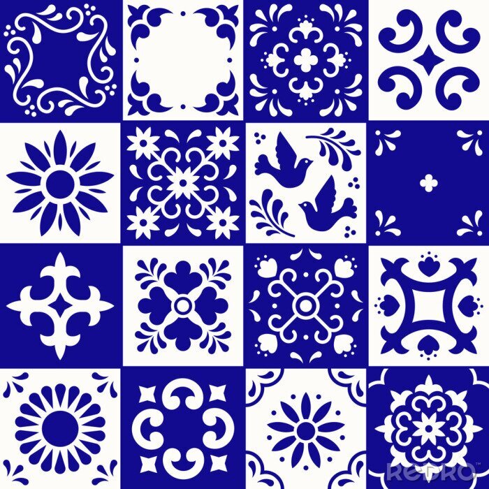 Sticker Mexican talavera pattern. Ceramic tiles with flower, leaves and bird ornaments in traditional style from Puebla. Mexico floral mosaic in navy blue and white. Folk art design.