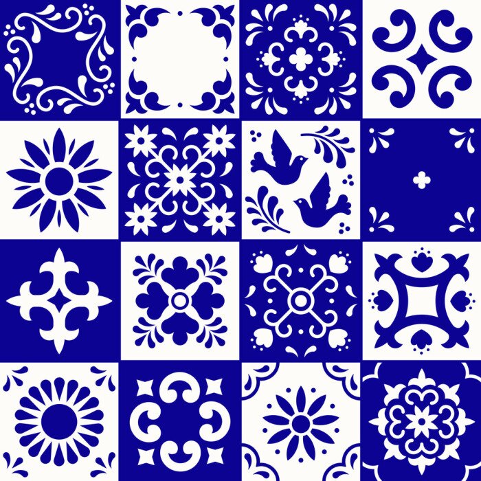 Sticker Mexican talavera pattern. Ceramic tiles with flower, leaves and bird ornaments in traditional style from Puebla. Mexico floral mosaic in navy blue and white. Folk art design.