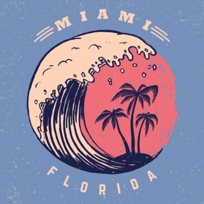 Sticker Miami. Poster sjabloon met belettering en palmen.