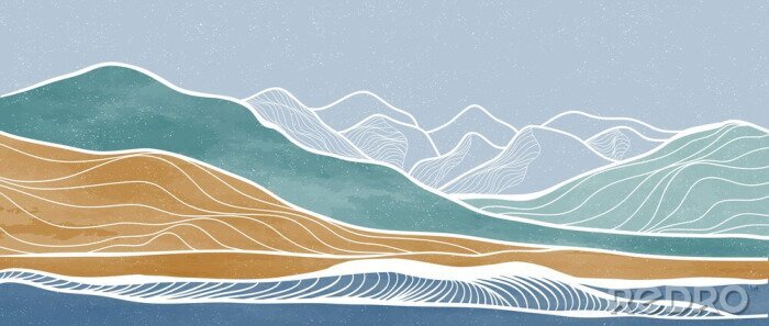 Sticker Mid century modern mountain art print. Abstract contemporary aesthetic backgrounds landscapes. illustration of mountain, sea, sky and sun