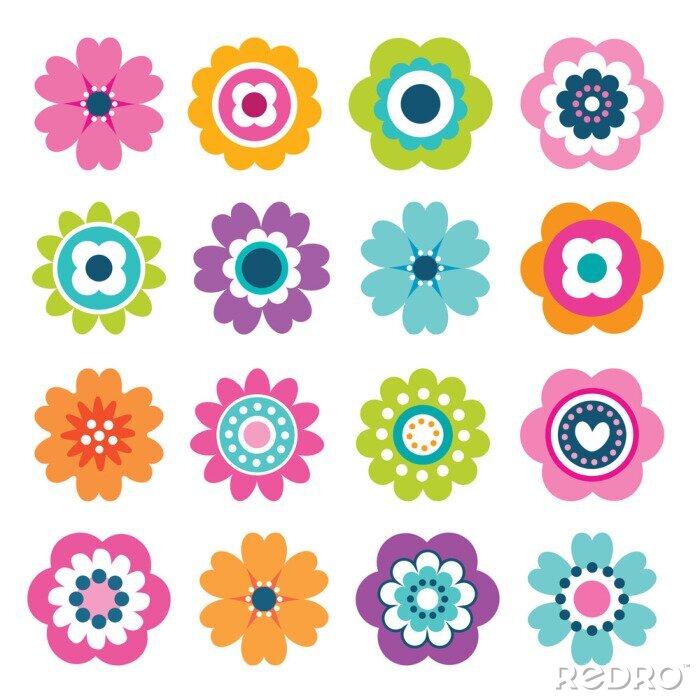 Sticker Minimalistische afbeeldingen van kleurrijke bloemen