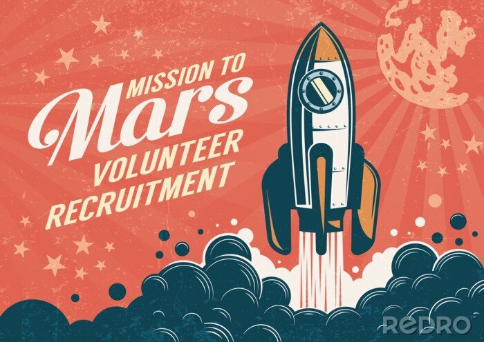 Sticker Missie naar Mars - poster in retro vintage stijl met raket opstijgen. Versleten textuur op een afzonderlijke laag.