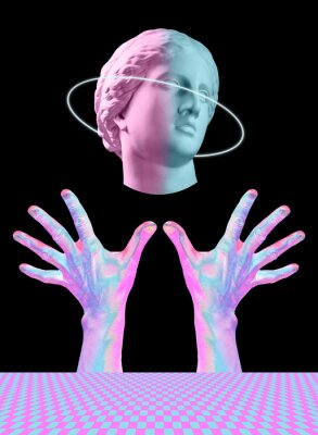 Modern conceptual art poster with ancient statue of bust of Venus and hands. Collage of contemporary art.