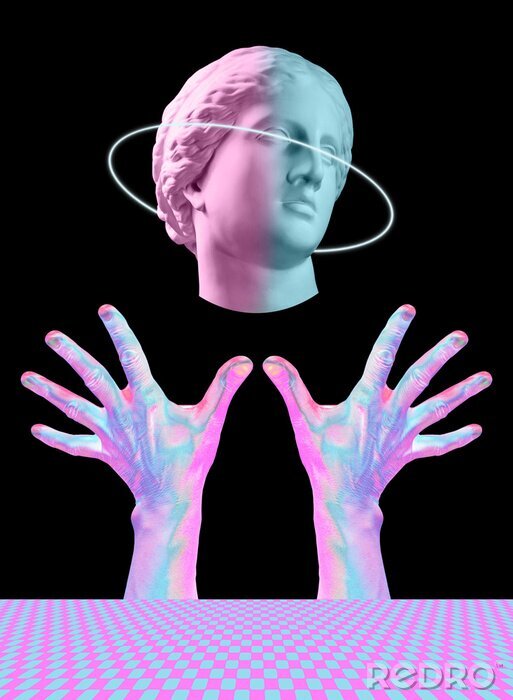 Sticker Modern conceptual art poster with ancient statue of bust of Venus and hands. Collage of contemporary art.