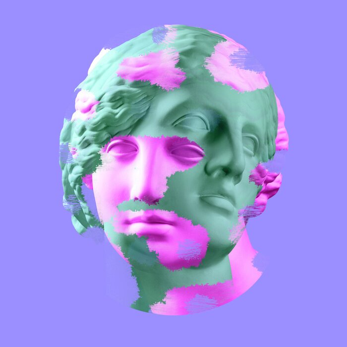 Sticker Modern conceptual art poster with ancient statue of bust of Venus. Collage of contemporary art.