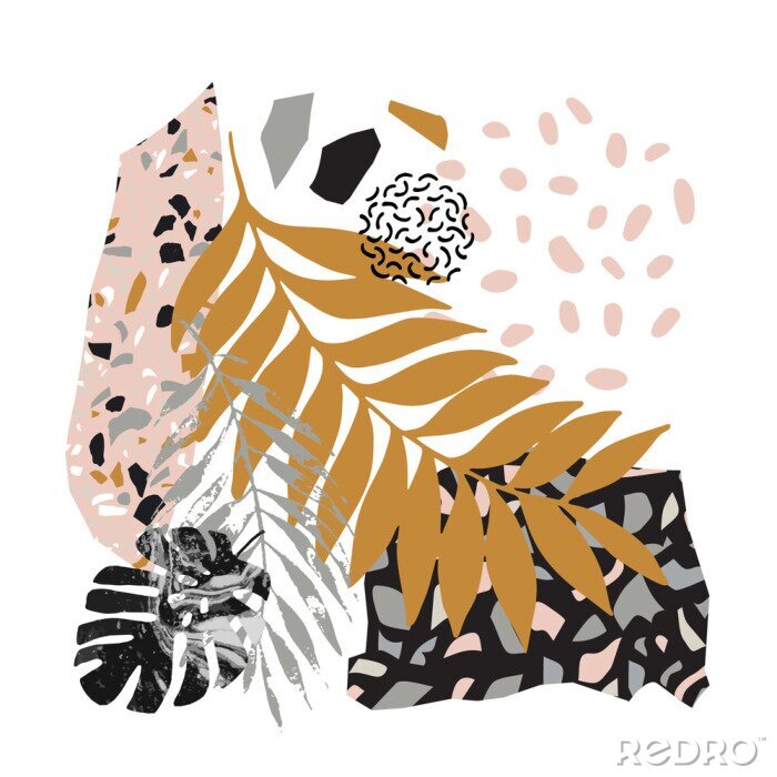 Sticker Modern vector illustration with tropical leaves, grunge, marbling, terrazzo flooring textures, doodles, minimal elements.