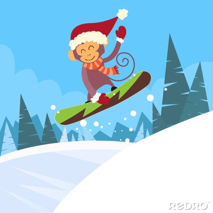 Sticker Monkey Snowboarder Sliding onderaan Heuvel, Winter Banner Snowboarden