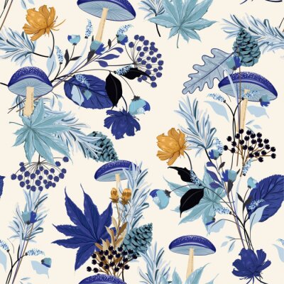 Monotine op blauwe schaduw Herfst nacht tuin naadloos patroon met hand getrokken blad, paddestoel, bloemen, pijnboompitten, eik in het bos motieven vector