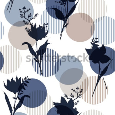 Sticker Monotoon in blauw Vector botanisch silhouet bloemen naadloos patroon op moderne kleurrijke streepstip, gevoelig bloembehang, wilde bloemen