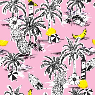 Mooi naadloos eilandpatroon. Landschap met palmbomen, fruit, hibiscus bloem, banaan, sinaasappel, strand en oceaan vector hand getrokken stijl