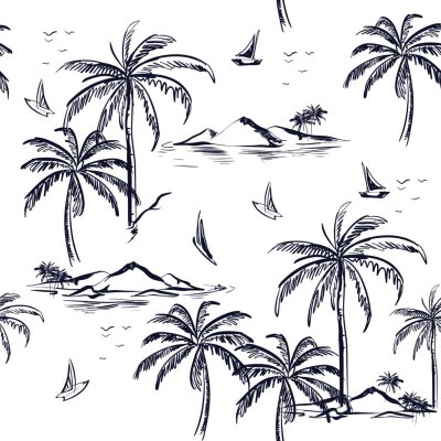 Mooi naadloos eilandpatroon op witte achtergrond. Landschap met palmbomen, strand en oceaan vector hand getrokken stijl.