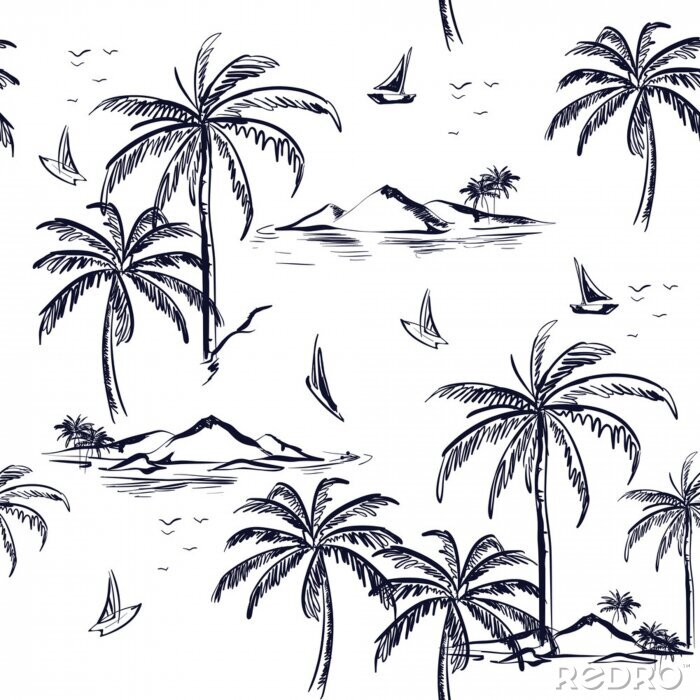 Sticker Mooi naadloos eilandpatroon op witte achtergrond. Landschap met palmbomen, strand en oceaan vector hand getrokken stijl.