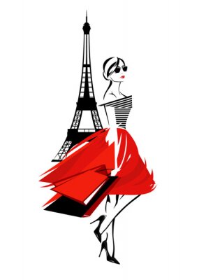Sticker mooie maniervrouw in Parijs - Franse fashionista met het winkelen zakken en de toren vectorontwerp van Eiffel