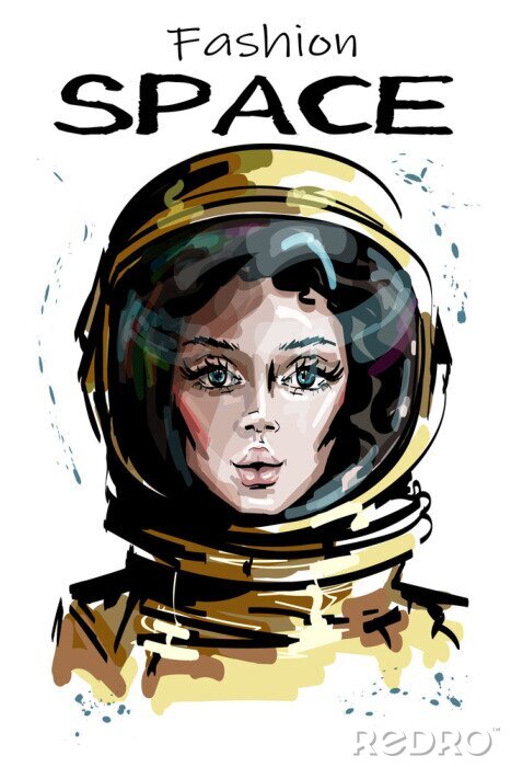 Sticker Mooie vrouw in het kunstwerk van de astronautenhelm