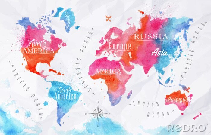 Sticker Mooie wereldkaart in aquarel