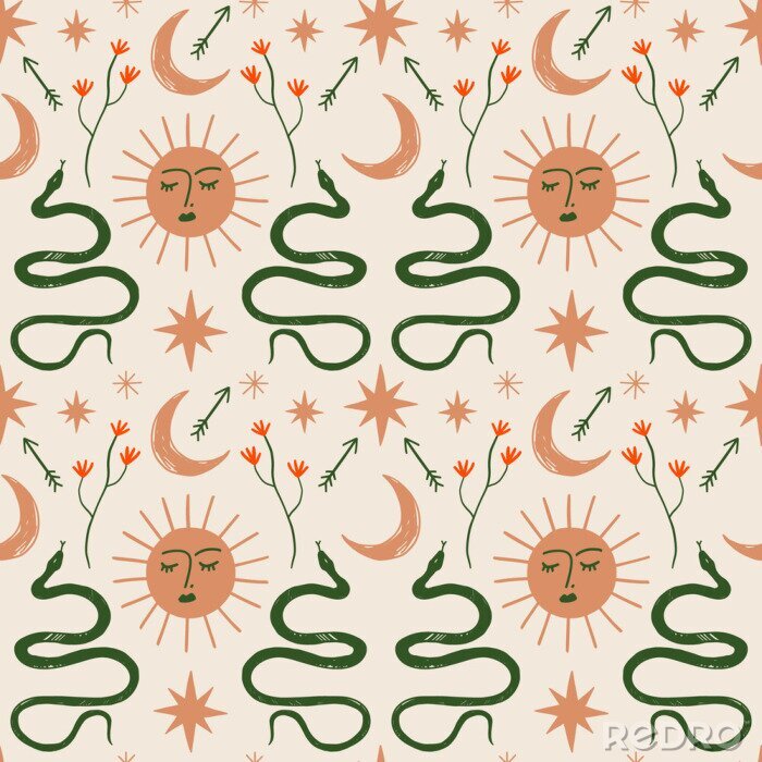Sticker Moon and Sun boho magical seamless pattern with snakes in vector.
