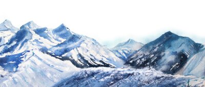 Sticker Mountain winter snow peak watercolor in blue tone on white background