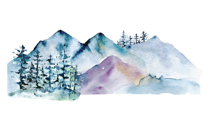 Sticker Mountains, forest nature landscape. Watercolor wildlife. Perfectly for tourism and outdoor design. Hand painting sketch scenery. Illustration isolated on white background. 