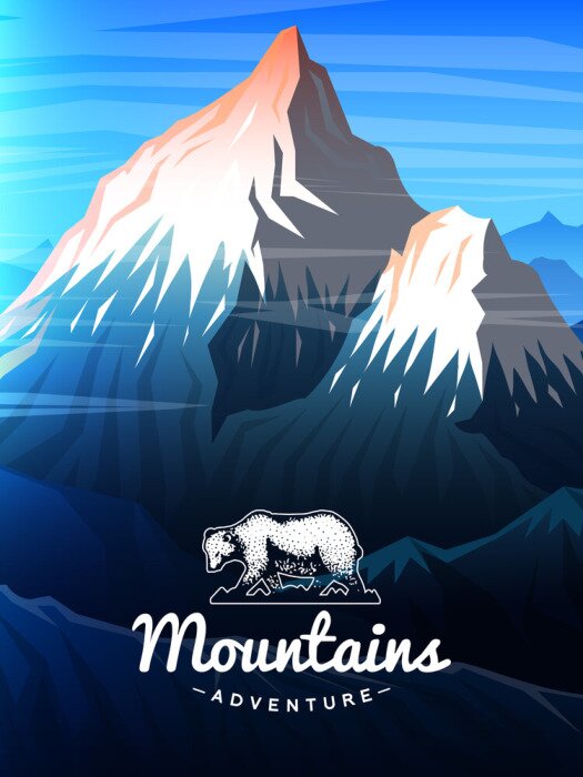 Sticker Mountains Peaks-kaart of -brochure. Toerisme op de natuur. Landschap vroeg in een daglicht. Buitengewone heuveltoppen. Vintage poster of achtergrond. sjabloon voor flyer, boekomslag en badge.