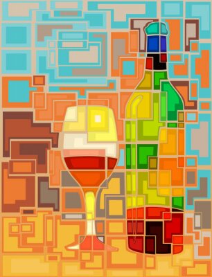 Sticker Mozaïek met een fles wijn en een glas