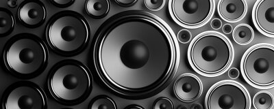 Sticker Multiple various size black Loudspeakers background. 3d illustration