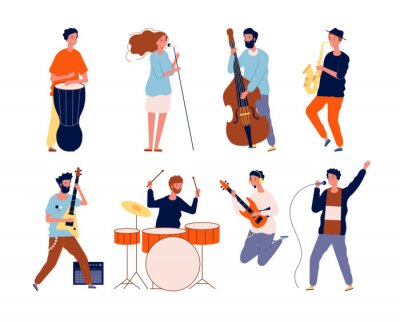 Sticker Music band characters. Rock group musicians singing and playing at instrument performing stage vector background. Rock concert, musical band, musician group performance illustration
