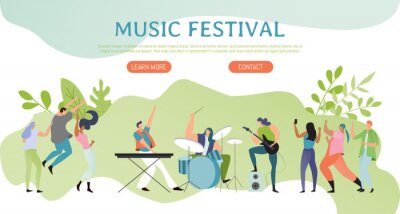 Sticker Music festival poster, people on concert, rock band website concept, vector illustration. Men and women cartoon characters in flat style playing musical instruments, drums, guitar and piano keyboard