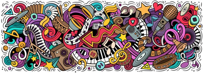 Sticker Music hand drawn cartoon doodles illustration. Colorful vector banner