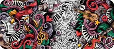Sticker Music hand drawn doodle banner. Cartoon detailed illustrations.