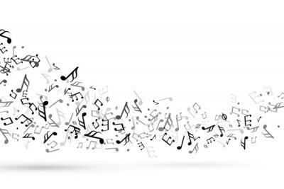 Sticker Music notes swirl. Wave with notes musical stave key harmony, symphony melody flowing music staff treble clef vector background