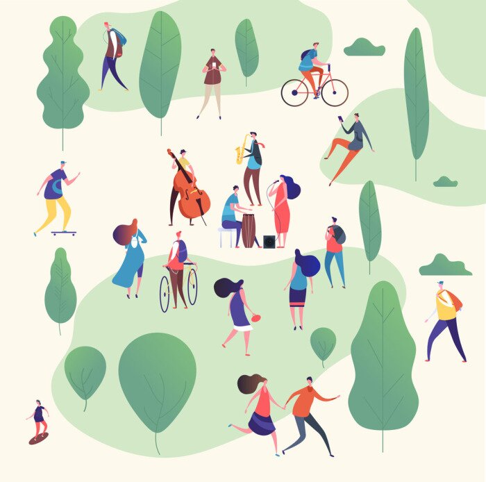 Sticker Musicians in park. Music band with guitars and musical instruments performing outdoor surrounded by trees. Vector illustration. Musician band in green public park