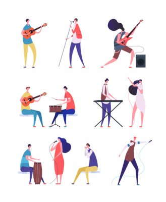 Sticker Musicians set. People performing rock music. Artist with musical instruments and singers. Vector cartoon characters isolated. Illustration of musician instrument, performance band people