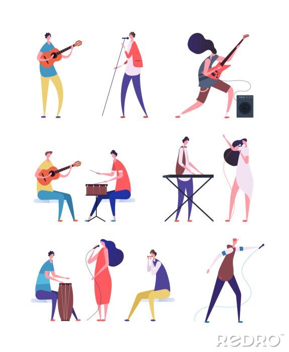 Sticker Musicians set. People performing rock music. Artist with musical instruments and singers. Vector cartoon characters isolated. Illustration of musician instrument, performance band people