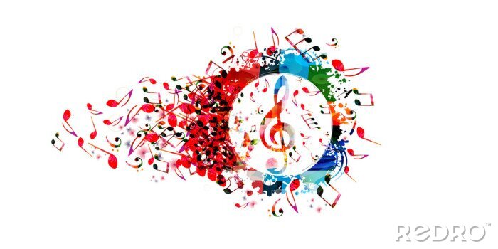 Sticker Muziek kleurrijke achtergrond met muzieknota's en vectorillustratie van de G-sleutel het vectorillustratie. Artistieke muziekfestivalaffiche, live concert, creatief g-sleutel ontwerp