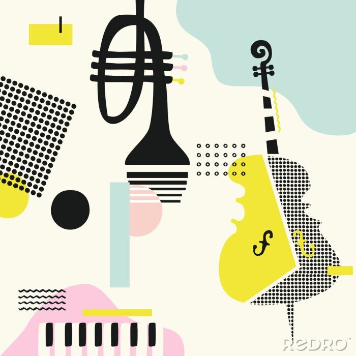 Sticker Muziek kleurrijke achtergrond met violoncel, trompet en piano geïsoleerde vectorillustratie. Geometrische muziekfestivalaffiche, creatief muziekinstrumentenontwerp