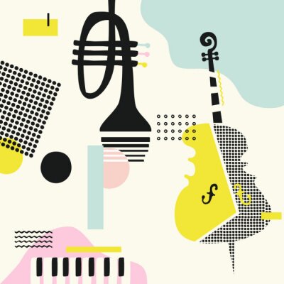 Sticker Muziek kleurrijke achtergrond met violoncel, trompet en piano geïsoleerde vectorillustratie. Geometrische muziekfestivalaffiche, creatief muziekinstrumentenontwerp