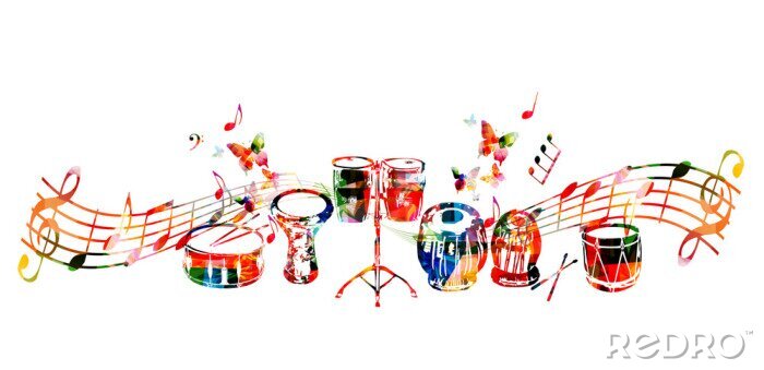 Sticker Muziekinstrumenten achtergrond. Kleurrijke drum, darbuka, bongo drums, Indiase tabla en traditionele Turkse drum met muziek notities geïsoleerde vector illustratie