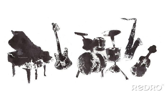 Sticker muziekinstrumenten, zwart-wit graphics, abstractie