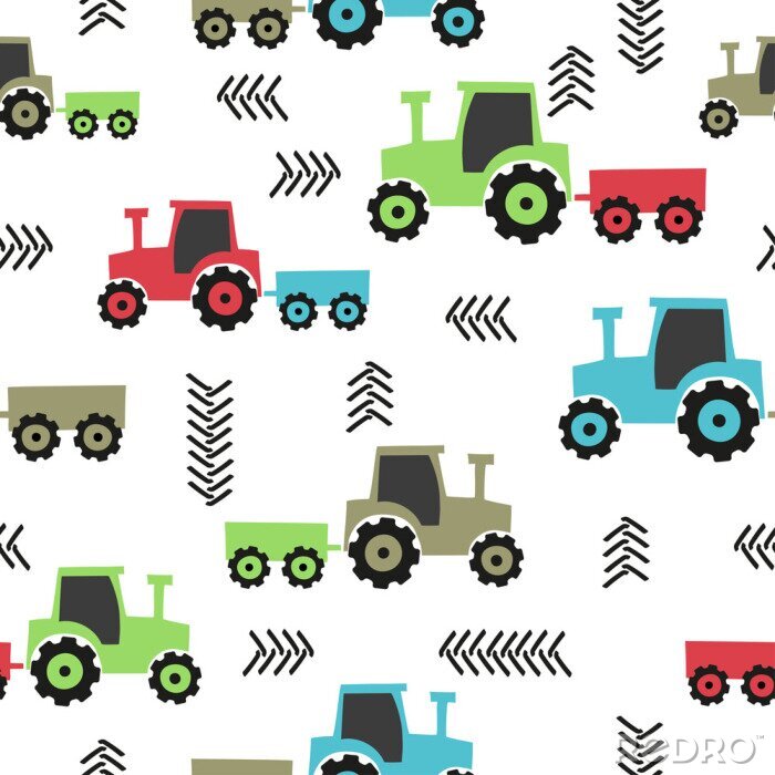 Sticker Naadloos hand getrokken tractorpatroon voor kinderen.