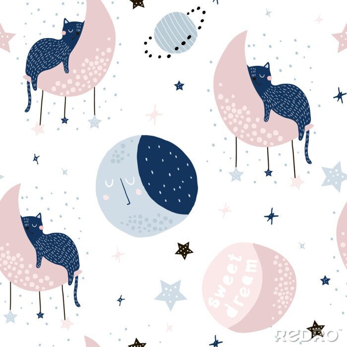 Sticker Naadloos kinderachtig patroon met katten op manen en sterrige hemel. Creatieve kindertextuur voor stof, verpakking, textiel, behang, kleding. Vector illustratie