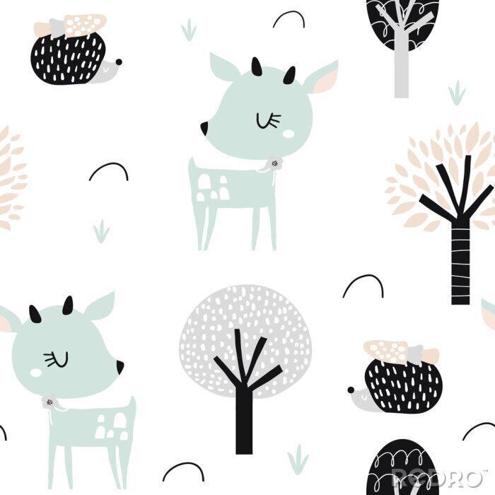 Sticker Naadloos kinderachtig patroon met leuke herten, egel in het hout. Creatieve kinder stad textuur voor stof, onmiddellijke verpakking, textiel, behang, kleding. Vector illustratie