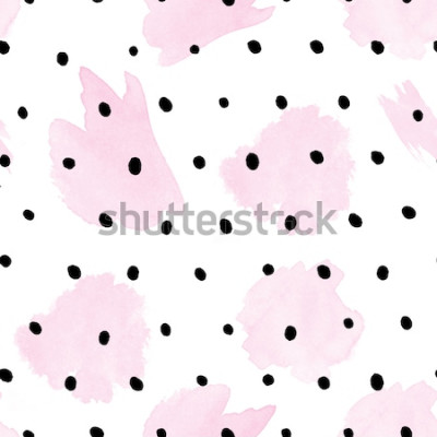 Sticker Naadloos patroon - Aquarel roze lijnen op zwarte polka dots -